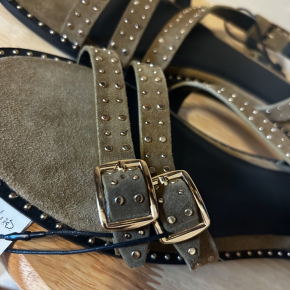 Zara khaki green flat real suede leather sandals with studs NWT - Picture 5 of 13